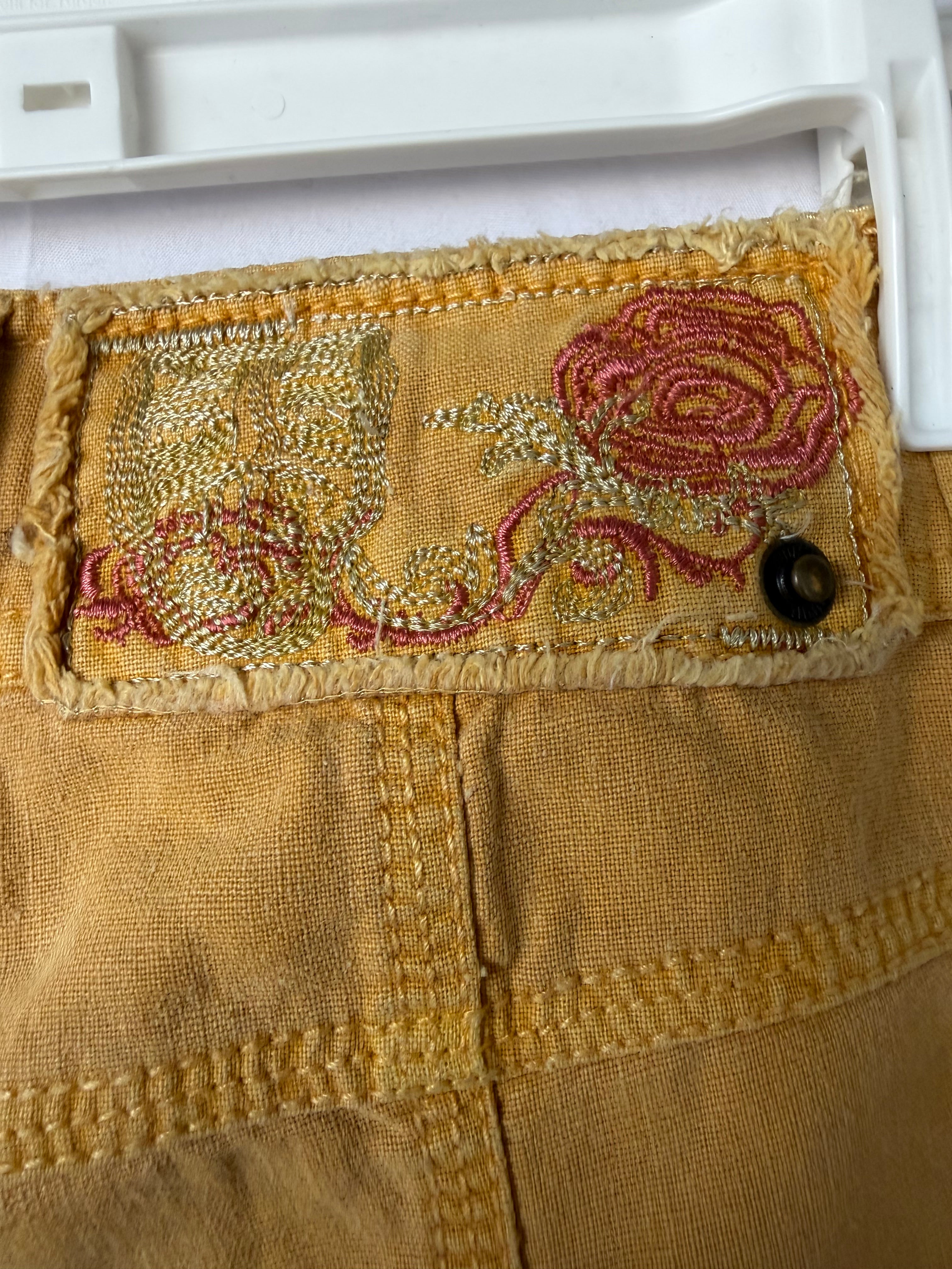 Vtg Embroidered Rose Utility Cargo Mustard Shorts