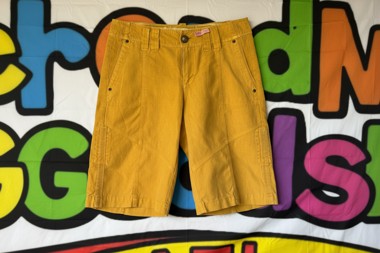 Vtg Embroidered Rose Utility Cargo Mustard Shorts