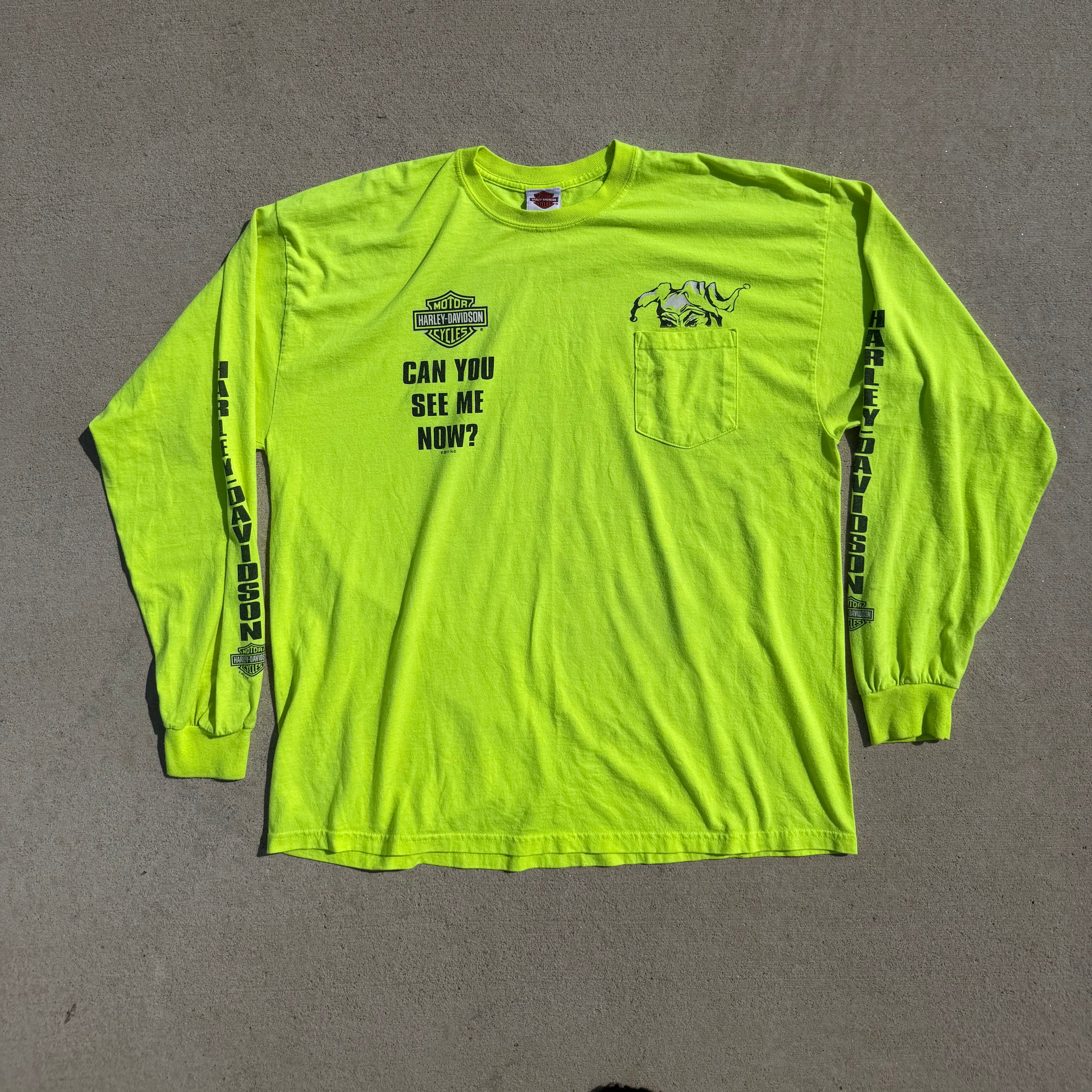 Vintage 2010 Harley Davidson Long Sleeve Shirt Neon Green Jester Pocket Tee 2XL