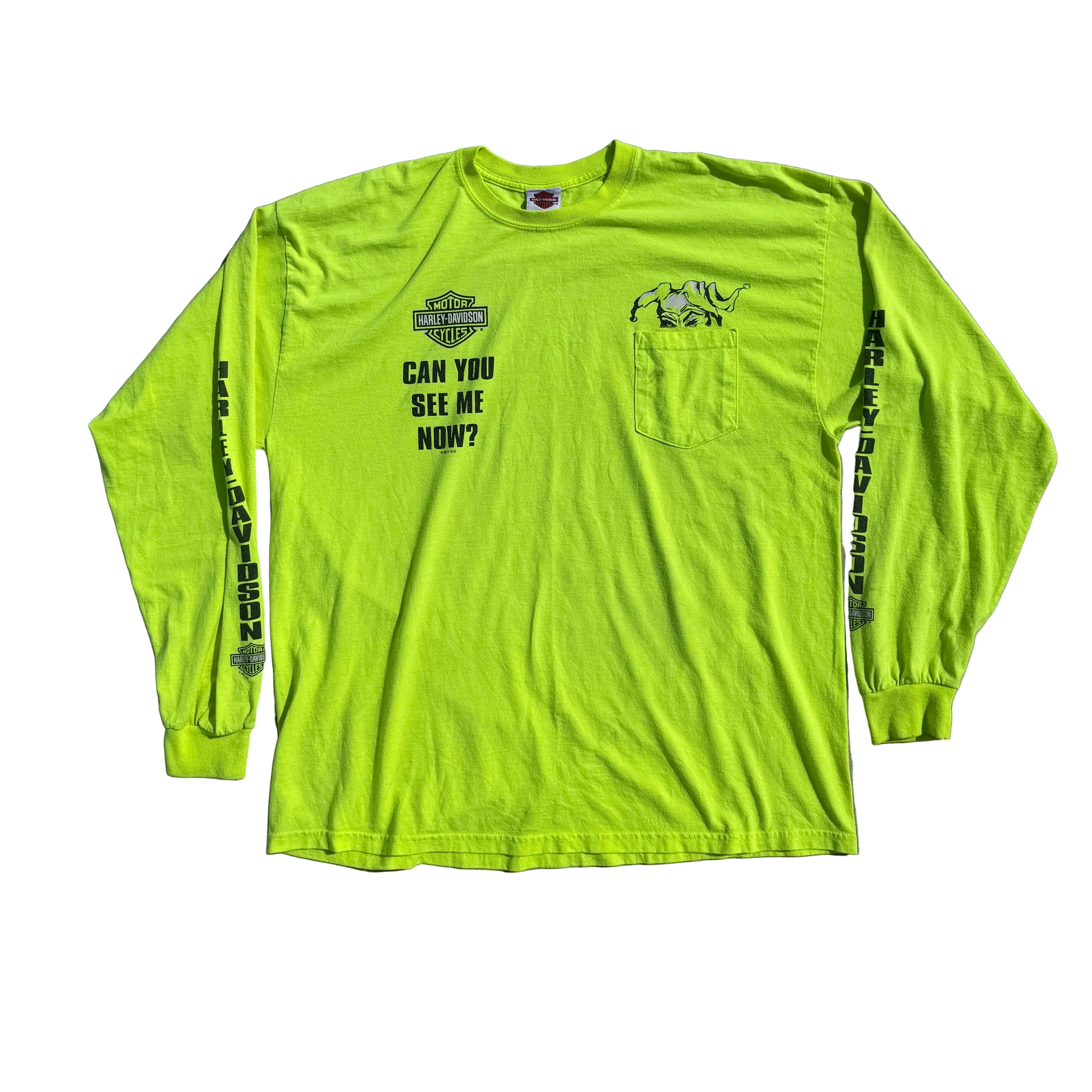 Vintage 2010 Harley Davidson Long Sleeve Shirt Neon Green Jester Pocket Tee 2XL