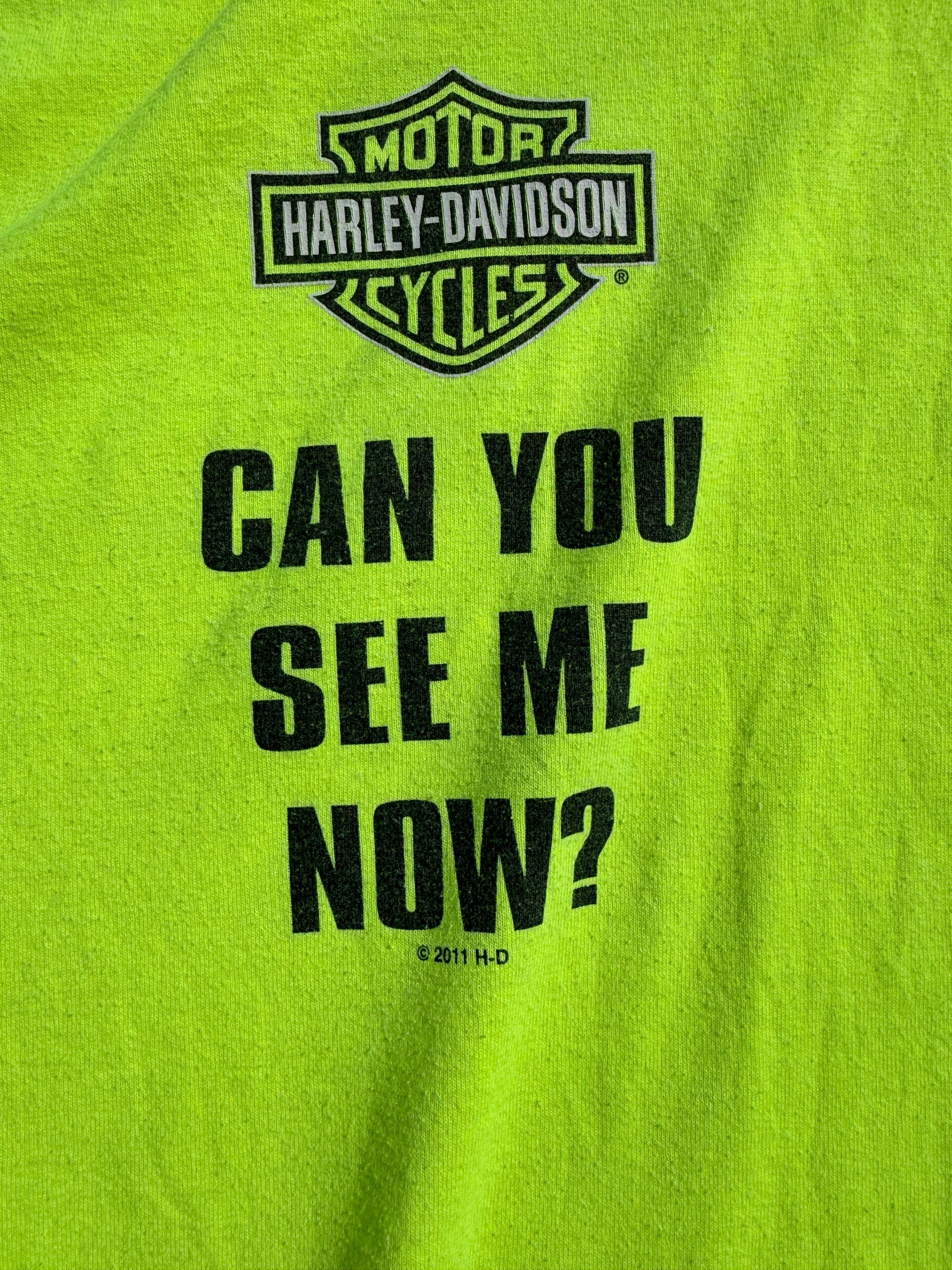 Vintage 2010 Harley Davidson Long Sleeve Shirt Neon Green Jester Pocket Tee 2XL